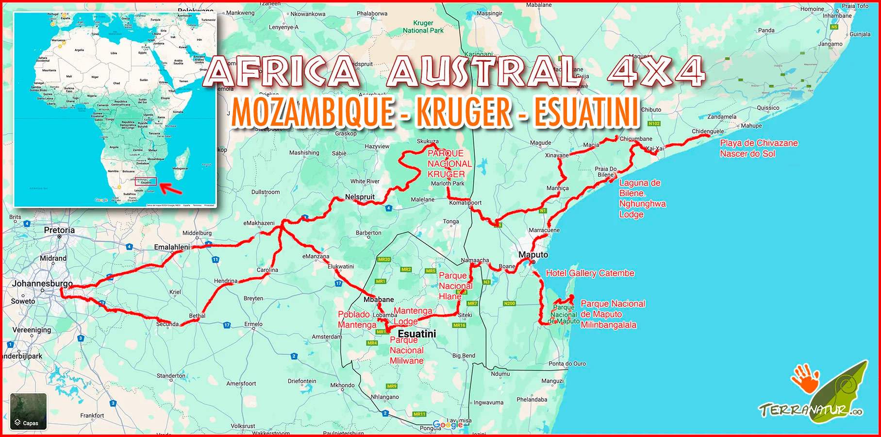 Mapa Itinerario Mozambique-Kruger-Esuatini